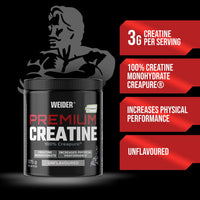 Weider Premium Creatine (375g) UnFlavoured. 100% Pure Creatine Monohydrate Creapure, No Sugar, no additives, Vegan, Increases Physical Performance (110 Servings)