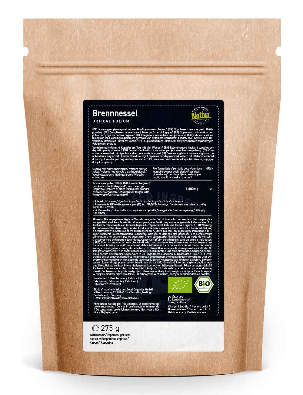 Organic Nettle 500 Capsules | 450mg per Capsule | Nettle Capsules | Urticae Folium | Highest Purity | Bottled and Checked in Germany | Vegan | Biotiva