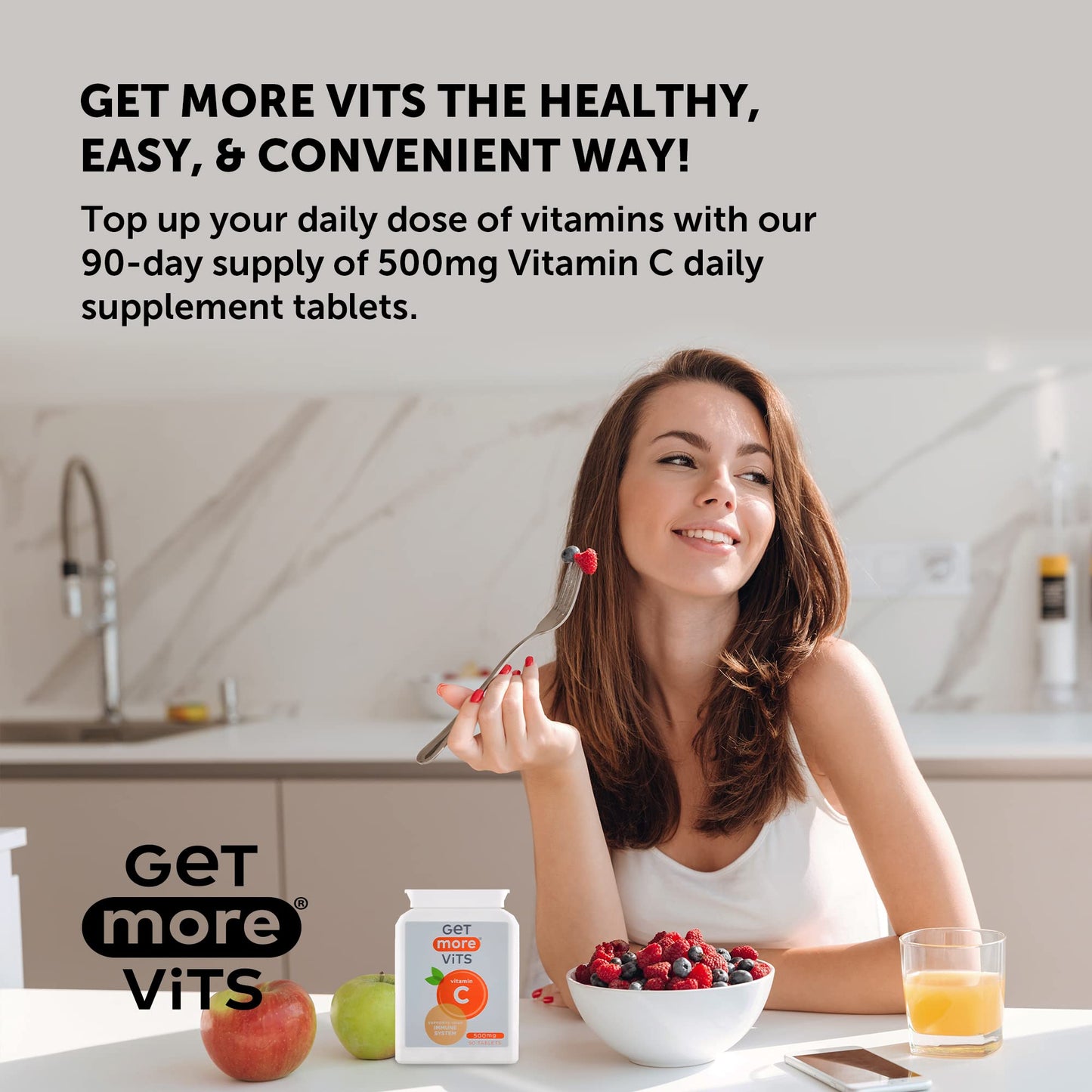 Get More Vits - Vitamin C 500mg Tablets (90 Tablets), Promotes Stronger Immune System, Strengthens Body's Natural Defences, Supports Faster Iron Absorption, Food Supplement, Vegetarian, Vegan