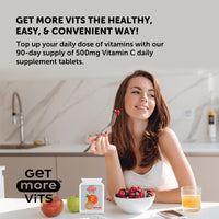 Get More Vits - Vitamin C 500mg Tablets (90 Tablets), Promotes Stronger Immune System, Strengthens Body's Natural Defences, Supports Faster Iron Absorption, Food Supplement, Vegetarian, Vegan