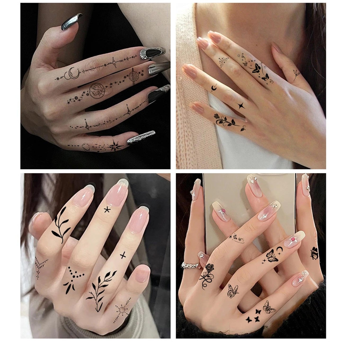 AuraAnge Realistic Small Finger Temporary Tattoos - 10 Sheets Waterproof & Long Lasting Fake Tattoos with Black Floral Designs