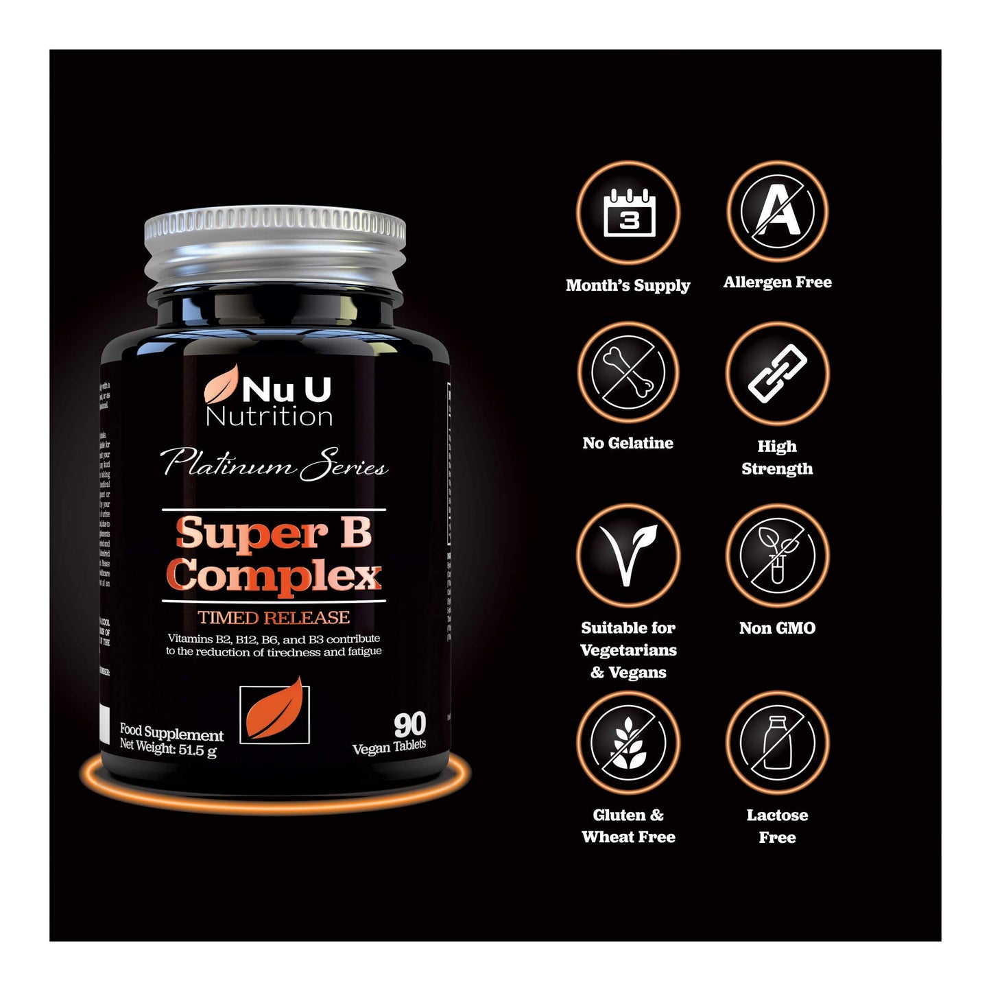 Nu U Nutrition Vitamin B Complex - 8 High Strength B Vitamins & Vitamin C - Vitamins B1, B2, B3, B5, B6, B8, B9 & B12, 90 Timed Release Tablets, 3 Month Supply, Vegan & Vegetarian VIT B Complex