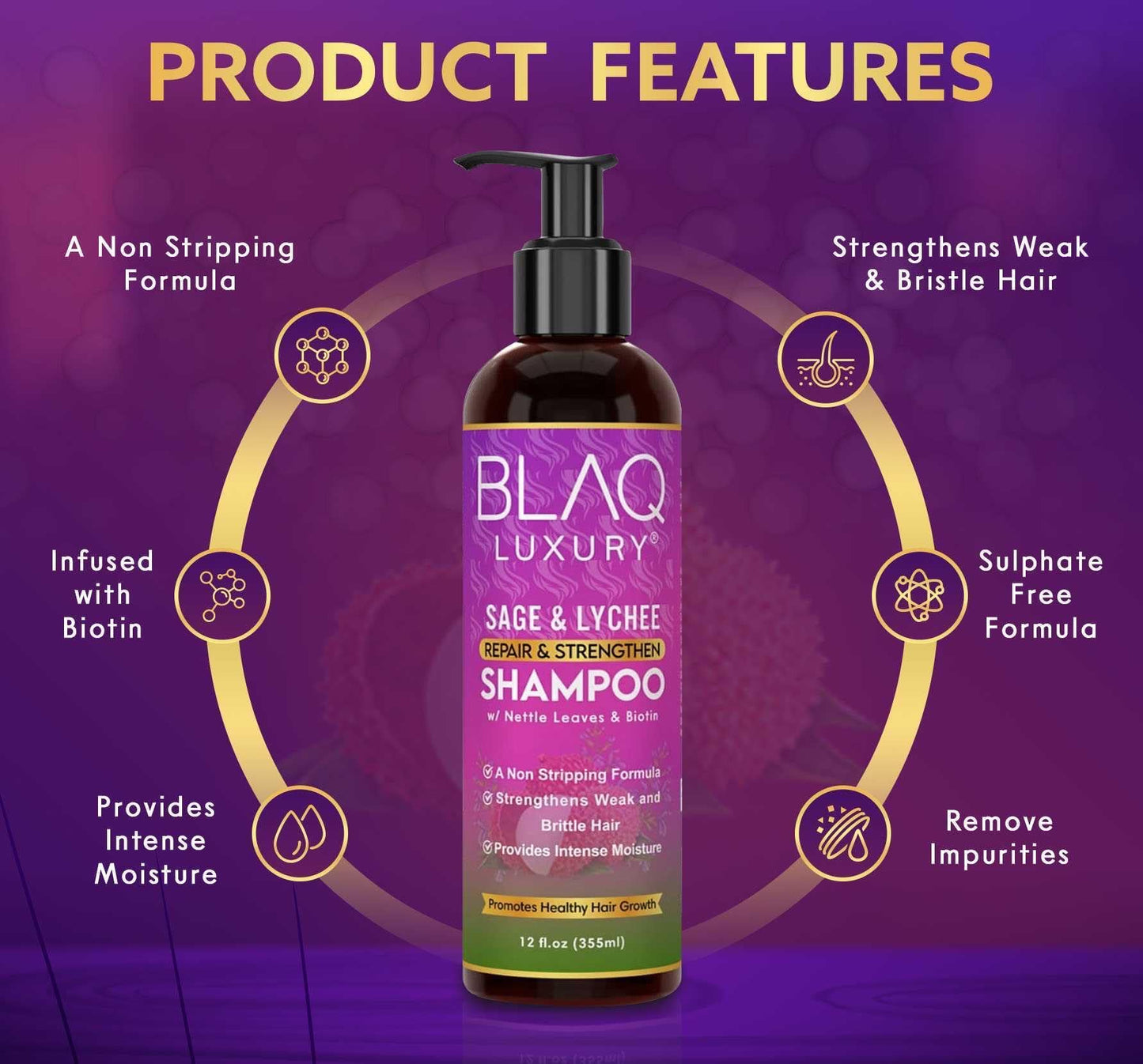 Blaq Luxury Sage & Lychee Repair and Strengthen Shampoo - Revitalizes Your Hair with infused Biotin and Nettle - Sulfate-Free Formula for All Hair Typ...