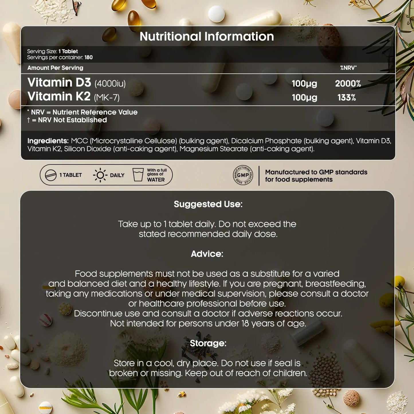 Gains Nutrition GN Vitamin D3 K2 | 180 High Strength D3 and K2 Vitamin Capsules - 4000iu per Serving | Vitamin D K2 MK-7 | Non-GMO, Gluten & Allergen Free | Made in The UK