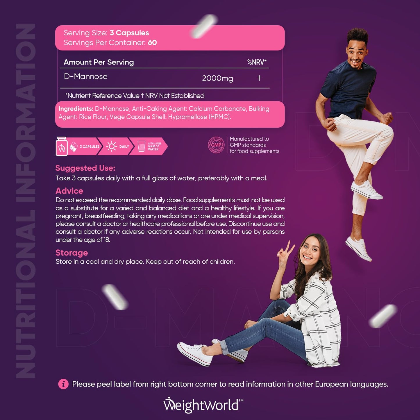 WeightWorld High Strength Pure D Mannose Capsules 2000mg - 180 Naturally Sourced D Mannose Capsules (Not D Mannose Tablets or D Mannose Powder) - Additives-Free & Vegan - 2 Months Supply - 666mg per Capsule