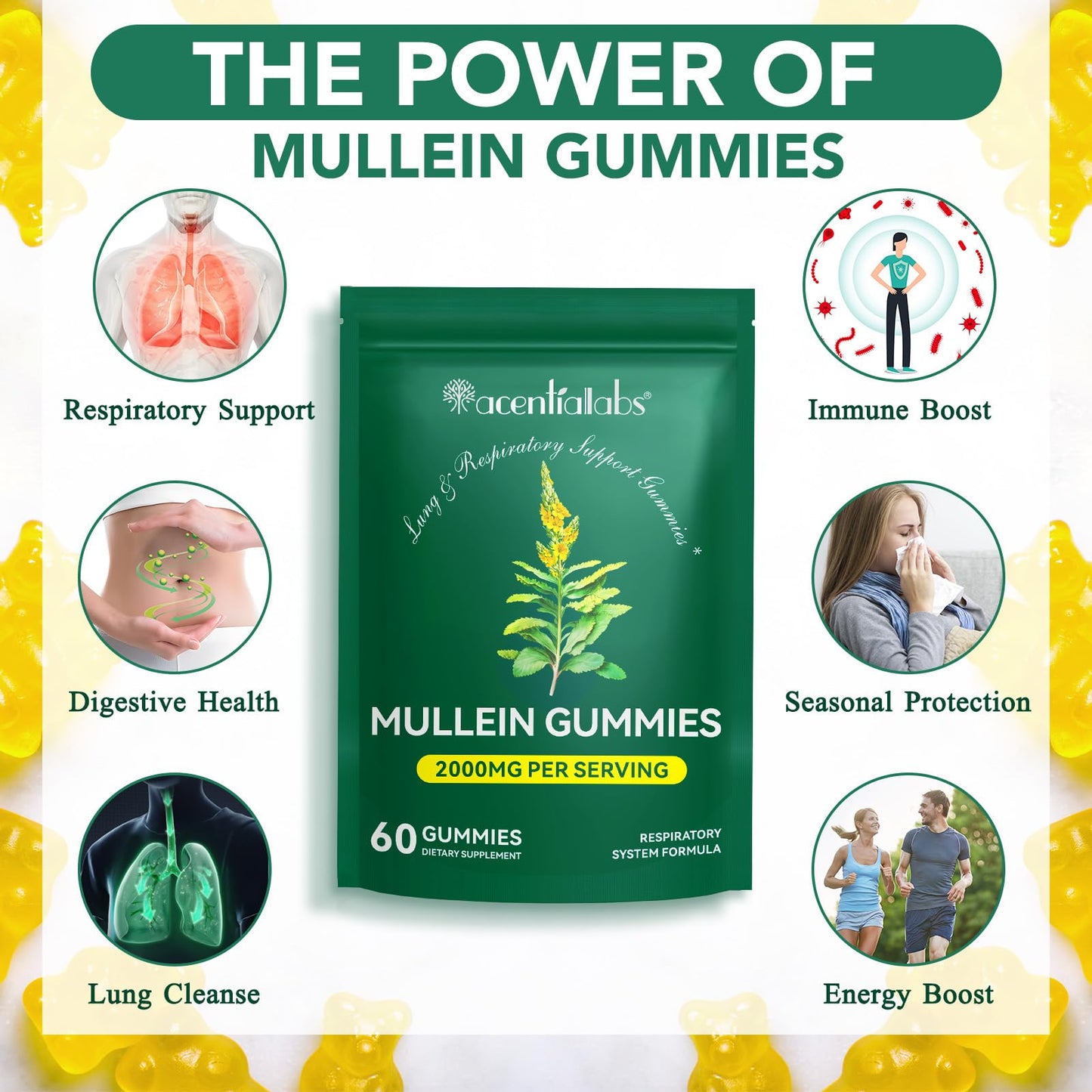 XAYGHE Mullein Gummies 2000mg for Lungs -Mullein Leaf Extract for Lungs Cleanse & Detox, Respiratory Health Gummies, Digestive Support, Immune Booster 60 Count