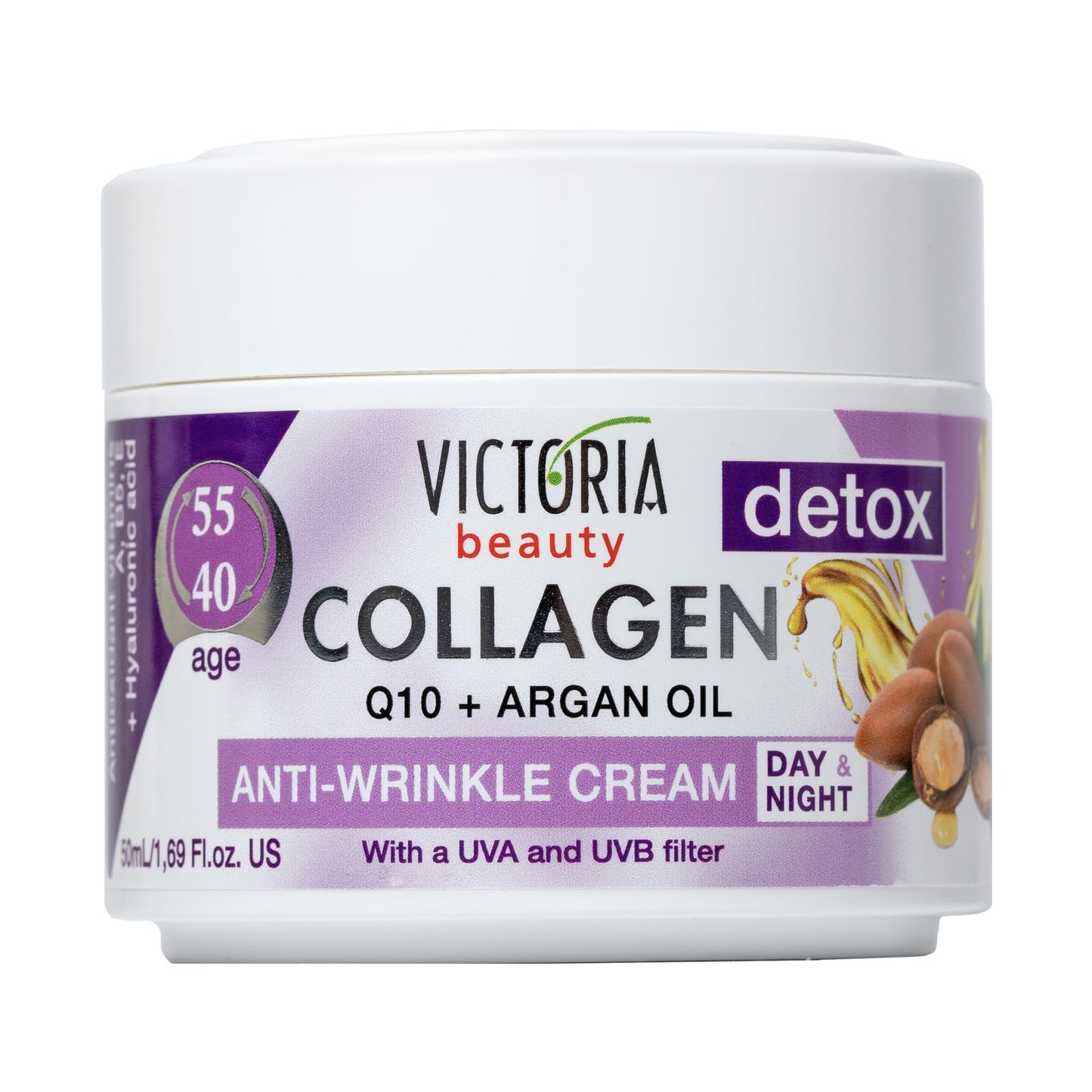 Victoria Beauty Day and Night Anti-Aging Moisturiser with Collagen, Hyaluronic Acid, Q10, Argan Oil, and a UVA/UVB Filter for Ages 40 – 55, Pack of 2 Creams (2 x 50 ml)