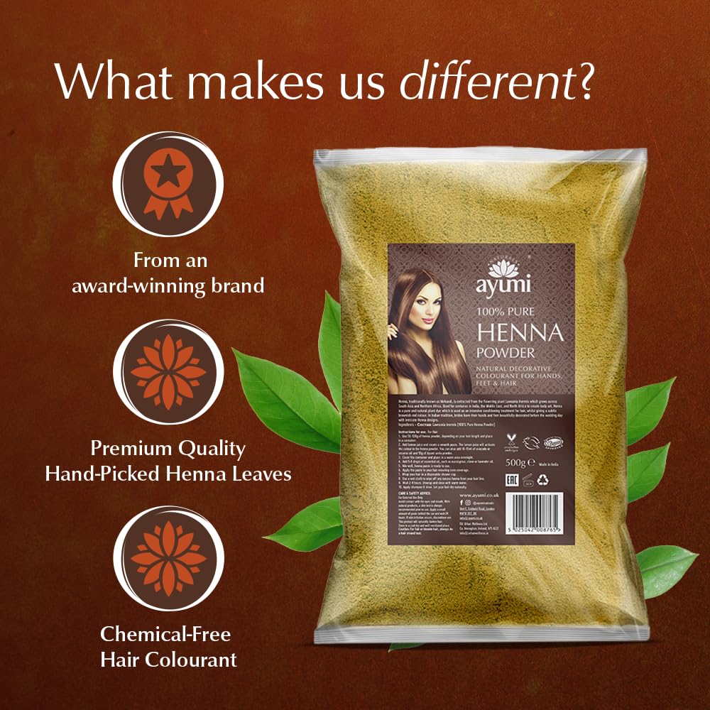Ayumi Pure Henna 100% (Mendhi), 500g |Natural Dark Red Hair Dye |Chemical-Free Colour |Dandruff Prevention |Hair Growth & Moisture Conditioning Powder