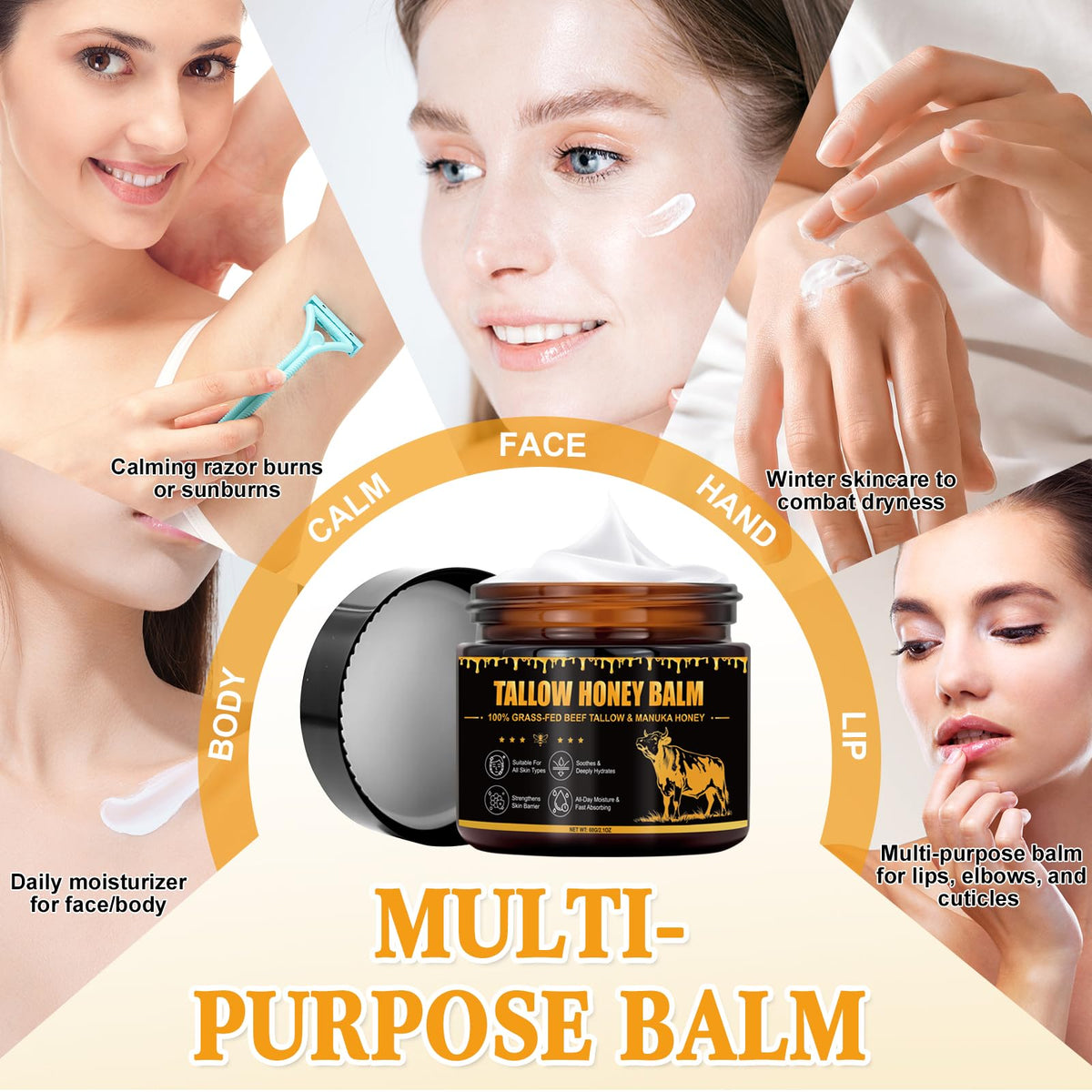 Muiefe Whipped Beef Tallow Skin Care 60g, Natural Tallow and Honey Balm, 100% Organic Grass-Fed Beef Tallow Face Cream & Moisturizer, Deeply Moisturizing Nourishing for Face Body Dry Skin, Fast Absorbing