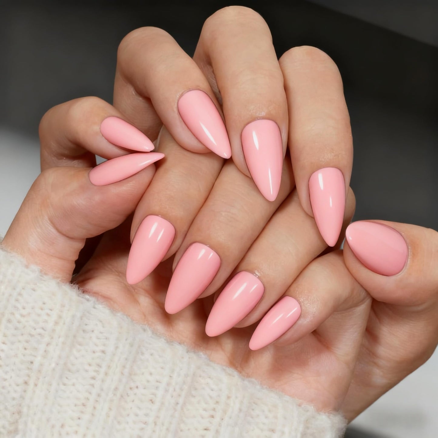KQueenest Rose Pink Press on Nails Almond Medium Length, Almond False Nails, Glossy Solid Dark Pink Fake Nails Press ons Stiletto, Reusable Soft Gel Stick on Nail for Women, 24 Pcs