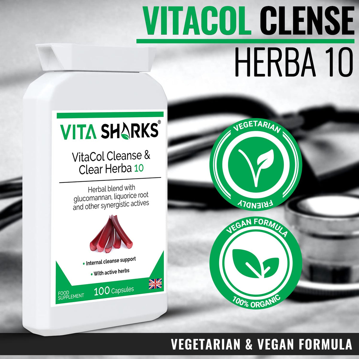Vita Sharks VitaCol Cleanse & Clear Herba 10 | Natural Stool Softening Vegan Colon Detoxifying & Bowel Cleansing Formula. 10 Kosher, Herbal Ingredients for Faecal Regularity & Relieve Constipation