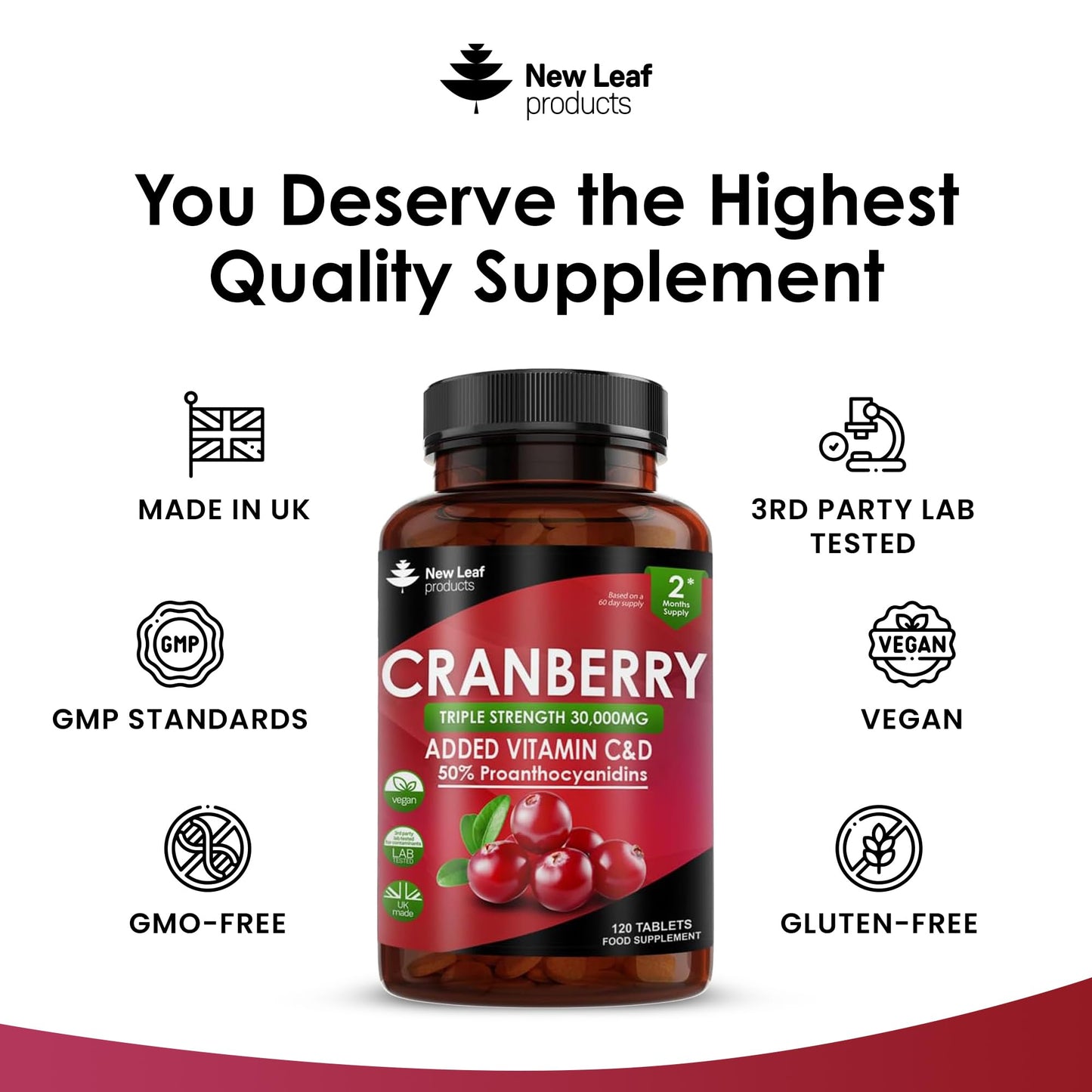 Cranberry Tablets Triple Strength 30,000mg - 120 Cranberry Supplements Enriched with Vitamin C & D - Cranberry Supplements for Women and Men - Vegan Cranberry Tablets Made in UK by New Leaf