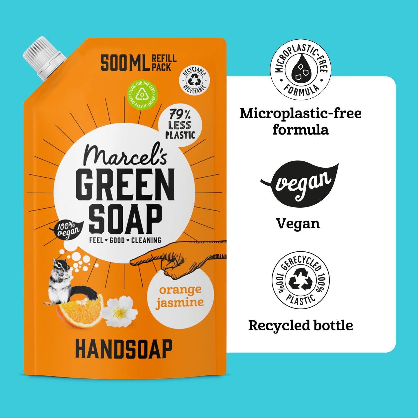 Marcel's Green Soap - Hand Soap Refill Orange & Jasmine - Handwash Dispenser Refill - Microplastic-free formula - Vegan - Packaging recyclable - 500 ml