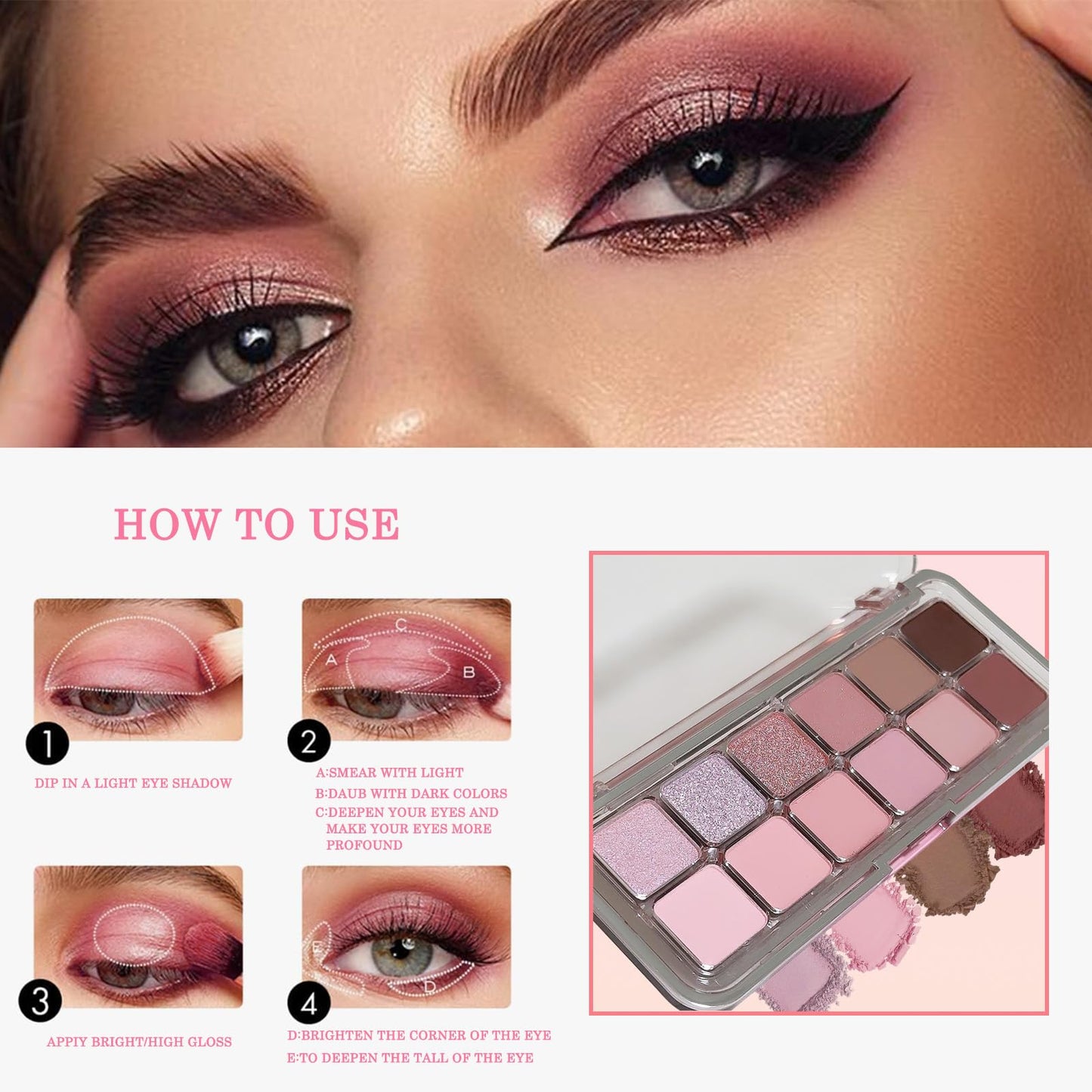 Generic 12 Colors Pink Eyeshadow Palette – Matte & Shimmer Nude Eye Shadow Makeup Kit, Long-Lasting Waterproof High Pigment Glitter Shades for Natural Daily & Glam Look