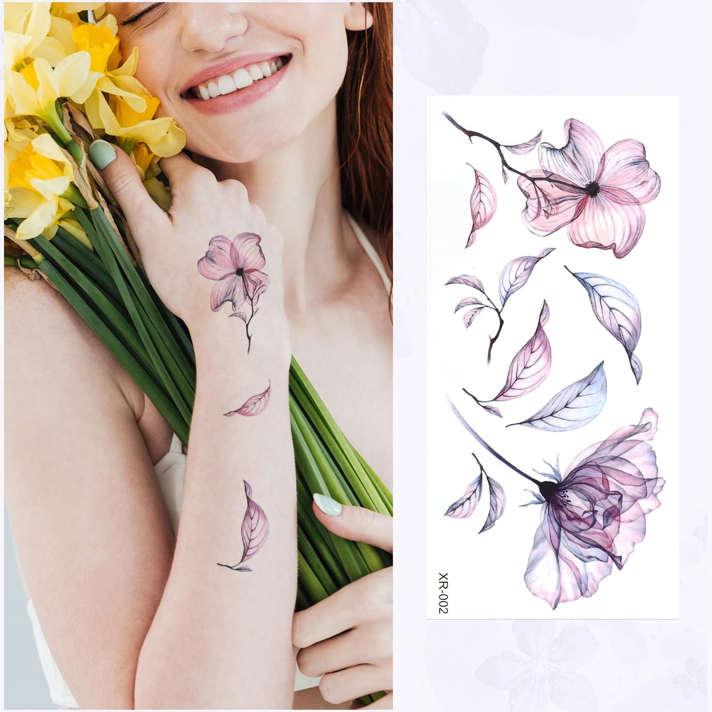 Jeffdad 20 Sheets Flowers Temporary Tattoos Stickers, Watercolor Floral Fake Tattoos for Women's Body Art Arm Back