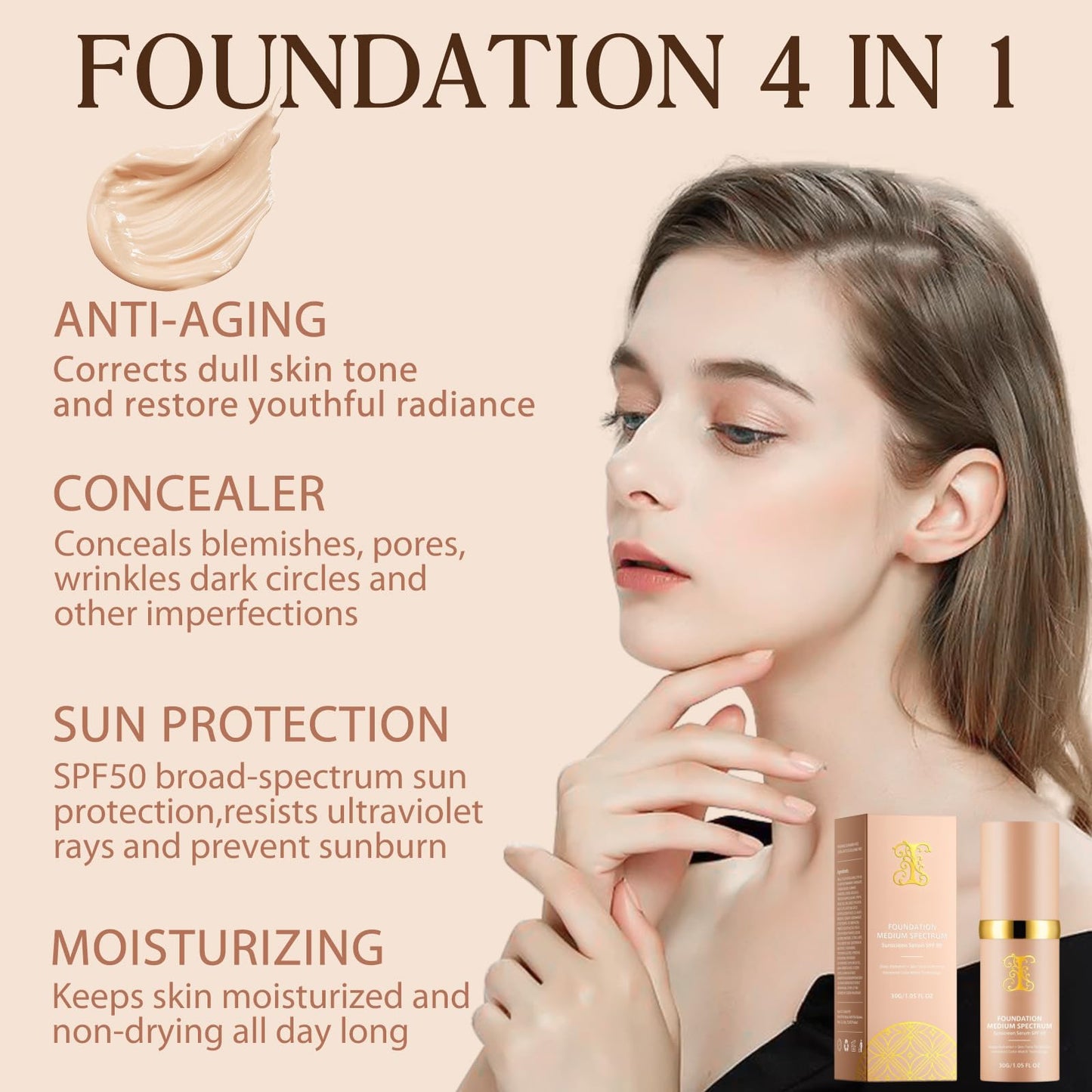 HERBENJOY 4 In 1 Liquid Foundation Moisturizing Full Coverage Concealer Spf 50+ Lasting Wear Anti Pollution Face Foundations Bio-mimic Light Foundation Durabie Waterproof Colour Changing Foundation