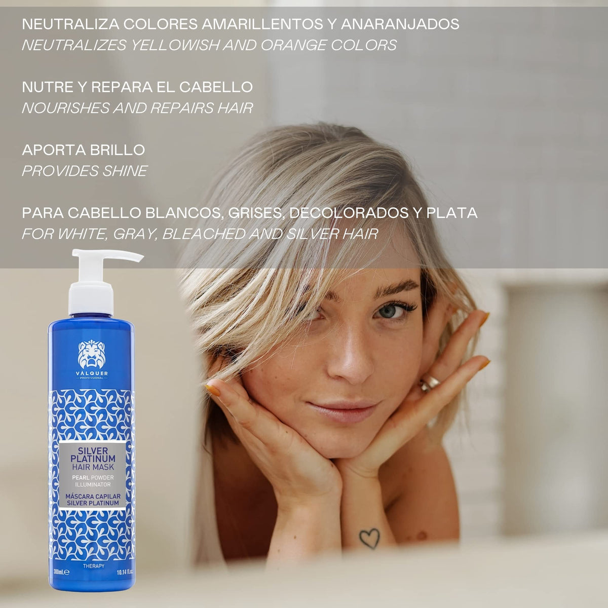 Valquer Profesional Valquer Silver Platinum Mask that perfects the color for bleached, white, gray and silver hair. To conditioning, nourishing and repairing the hair, it neutralize the yellowish/orange colors. 300 ml