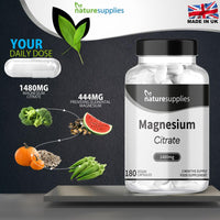 Magnesium Citrate Capsules 1480mg, 180 Per Bottle 3 Months Supply UK-Made, High Absorption Magnesium Supplements, Contributes to The Normal Function of Bones, Teeth, Energy - Naturesupplies…