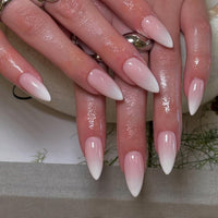 KQueenest Ombre Press on Nails Almond, French Tip False Nails Medium Stiletto, Gradient White Pink Fake Nails Press ons, Perfectly Fit, Reusable Gel Stick on Nail for Women Daily Wear, 30 Pcs