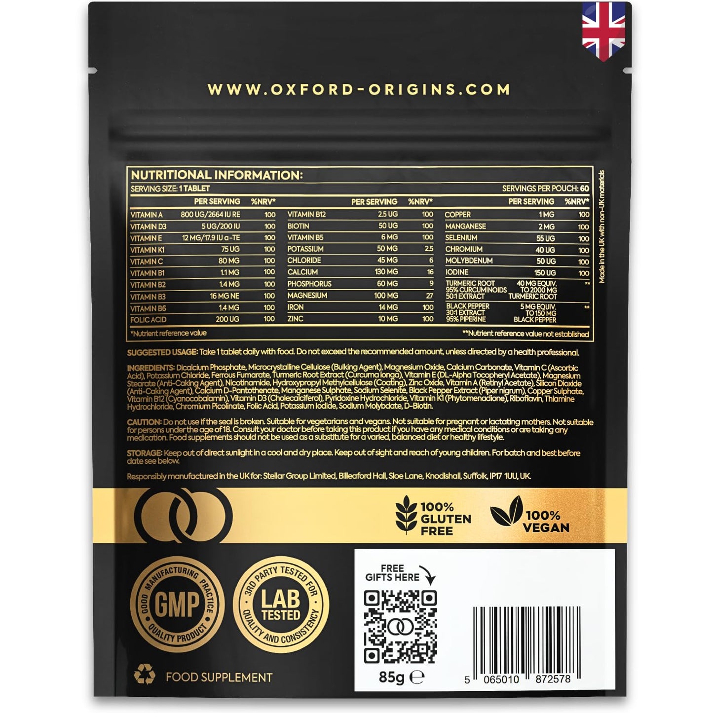 Oxford Origins Award Winning Multivitamins and Minerals Boosted with Turmeric | Made in The UK | Vegan Multivitamin Tablets for Women & Men | 100% NRV Multivitamin with 28 Key Nutrients (180 Count)