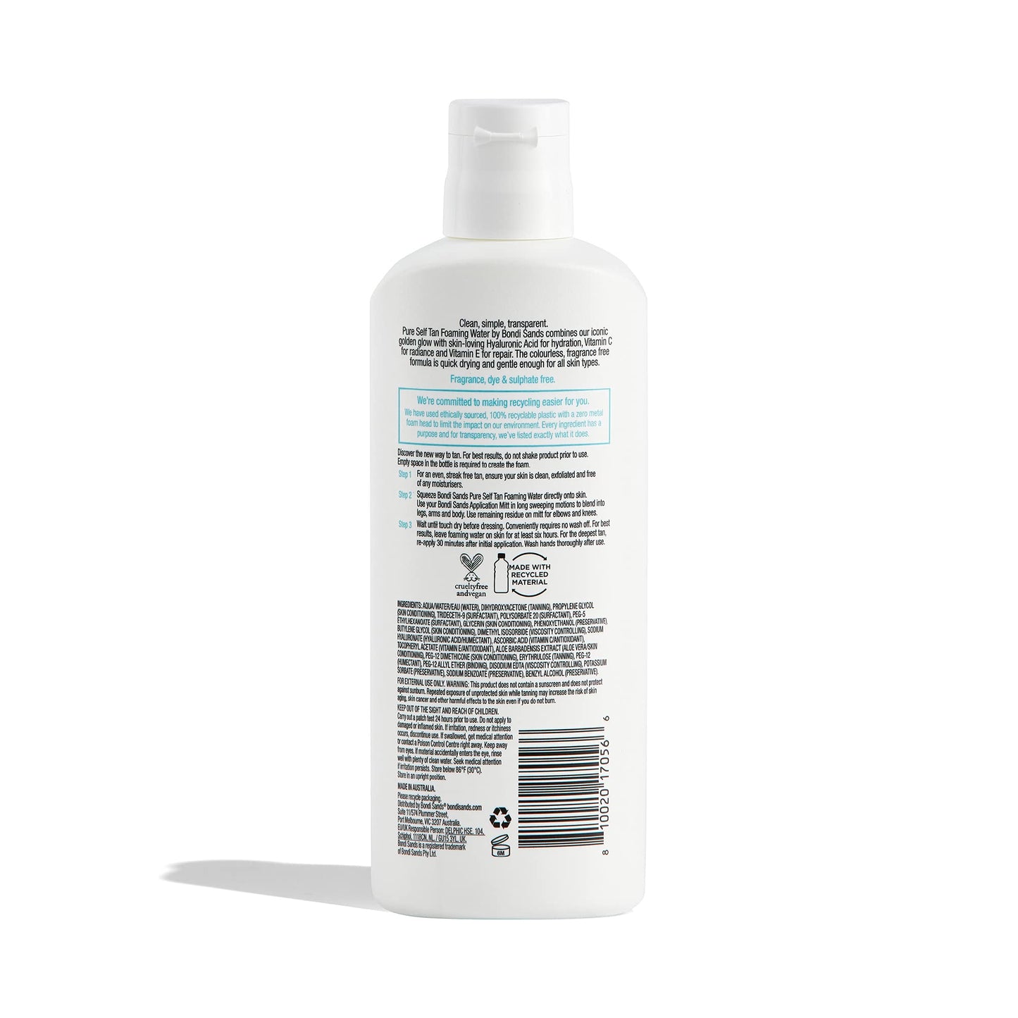 Bondi Sands PURE Dark Self-Tanning Foaming Water | Hydrating Formula Gives a Natural, Flawless Tan, Enriched with Hyaluronic Acid and Vitamins C + E, Vegan + Cruelty Free | 200 mL/6.76 Oz