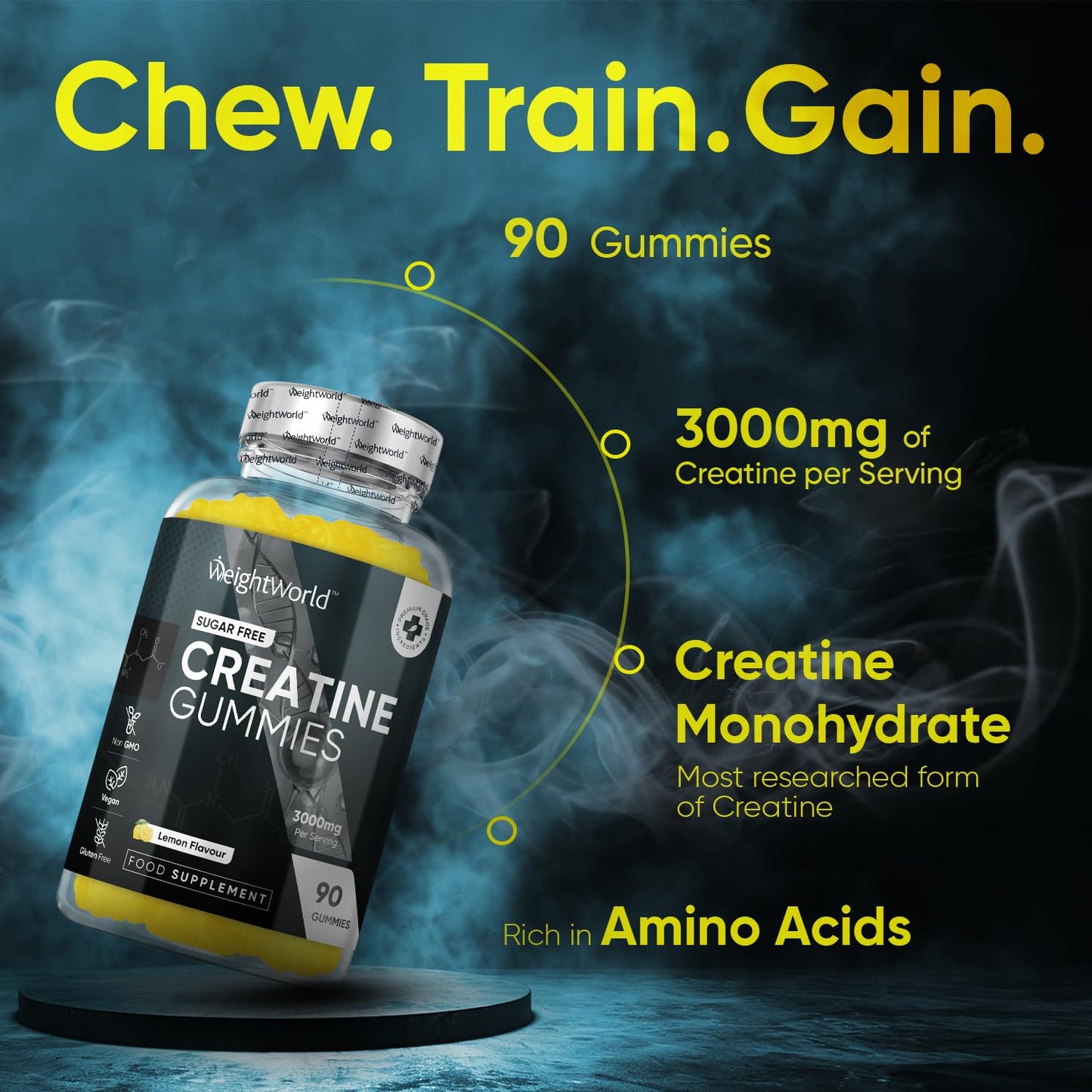 WeightWorld Creatine Gummies 3000mg for Men & Women - 90 Chewable Creatine Monohydrate Gummies (1 Month Supply) - Natural Lemon Flavoured Creatine - Pre Workout Gym Supplement (Not Creatine Monohydrate Tablets)
