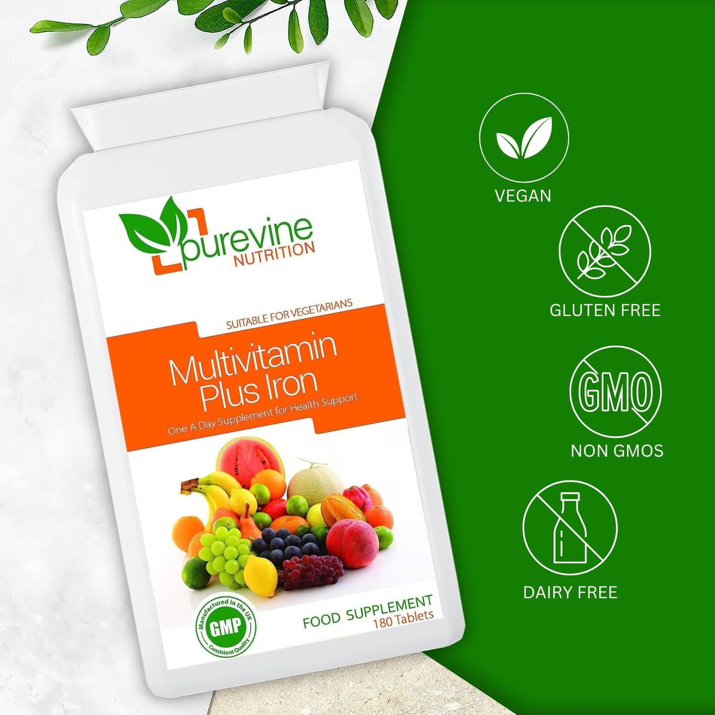 Purevine Nutrition Multi Vitamins with Iron Supplement - 180 Tablets - Daily One A Day Multivitamin with Vitamin C, B, A and D – Immune Support Suitable for Men and Women - UK Manufactured to GMP Standards