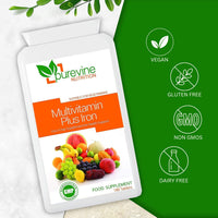 Purevine Nutrition Multi Vitamins with Iron Supplement - 180 Tablets - Daily One A Day Multivitamin with Vitamin C, B, A and D – Immune Support Suitable for Men and Women - UK Manufactured to GMP Standards