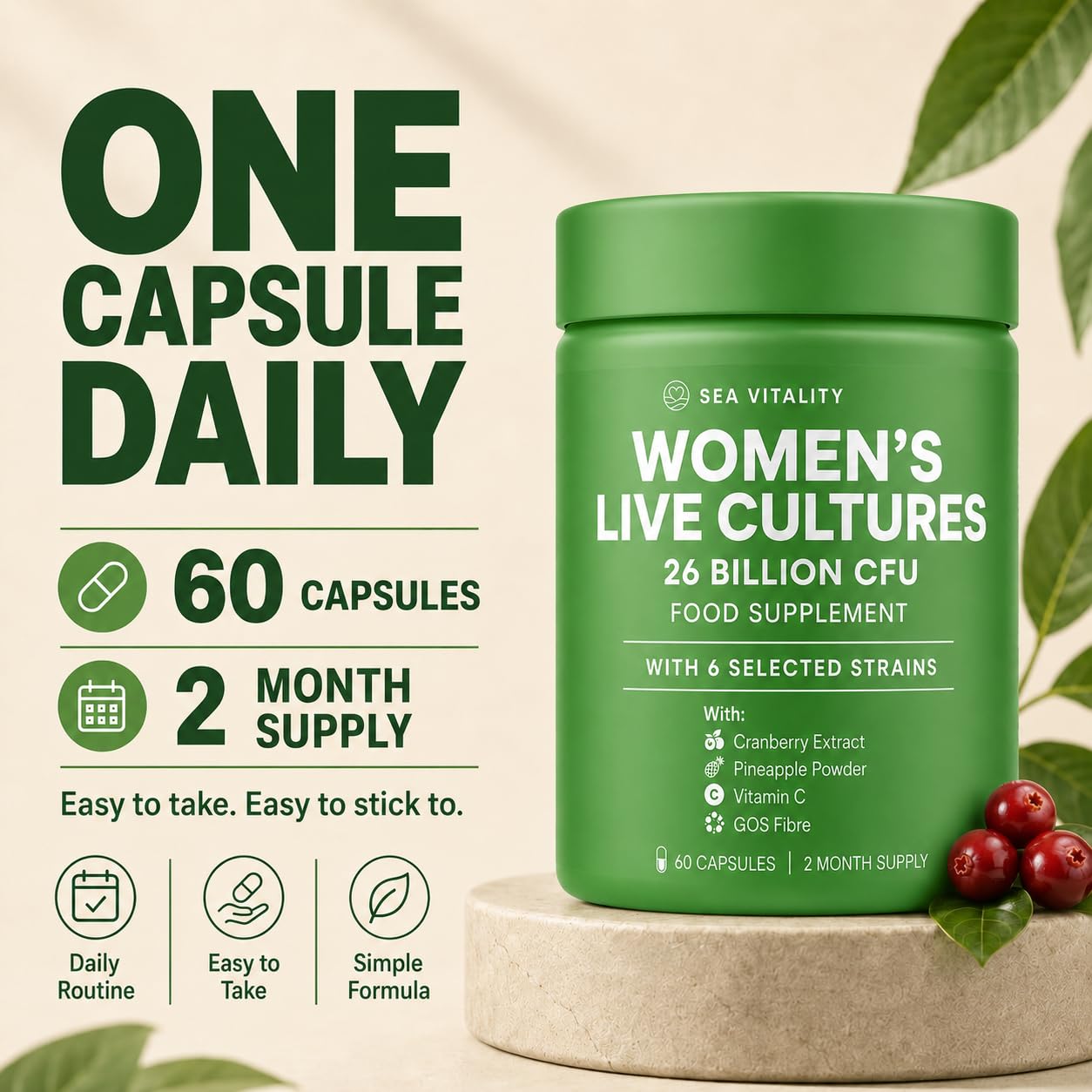 Sea Vitality Women's Live Cultures Food Supplement - 26 Billion CFU, 6 Selected Strains with Cranberry Extract, Pineapple Powder, GOS & Vitamin C - 60 Capsules, 1-a-Day Formula for Women, 60 Day Supply
