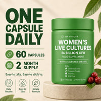 Sea Vitality Women's Live Cultures Food Supplement - 26 Billion CFU, 6 Selected Strains with Cranberry Extract, Pineapple Powder, GOS & Vitamin C - 60 Capsules, 1-a-Day Formula for Women, 60 Day Supply