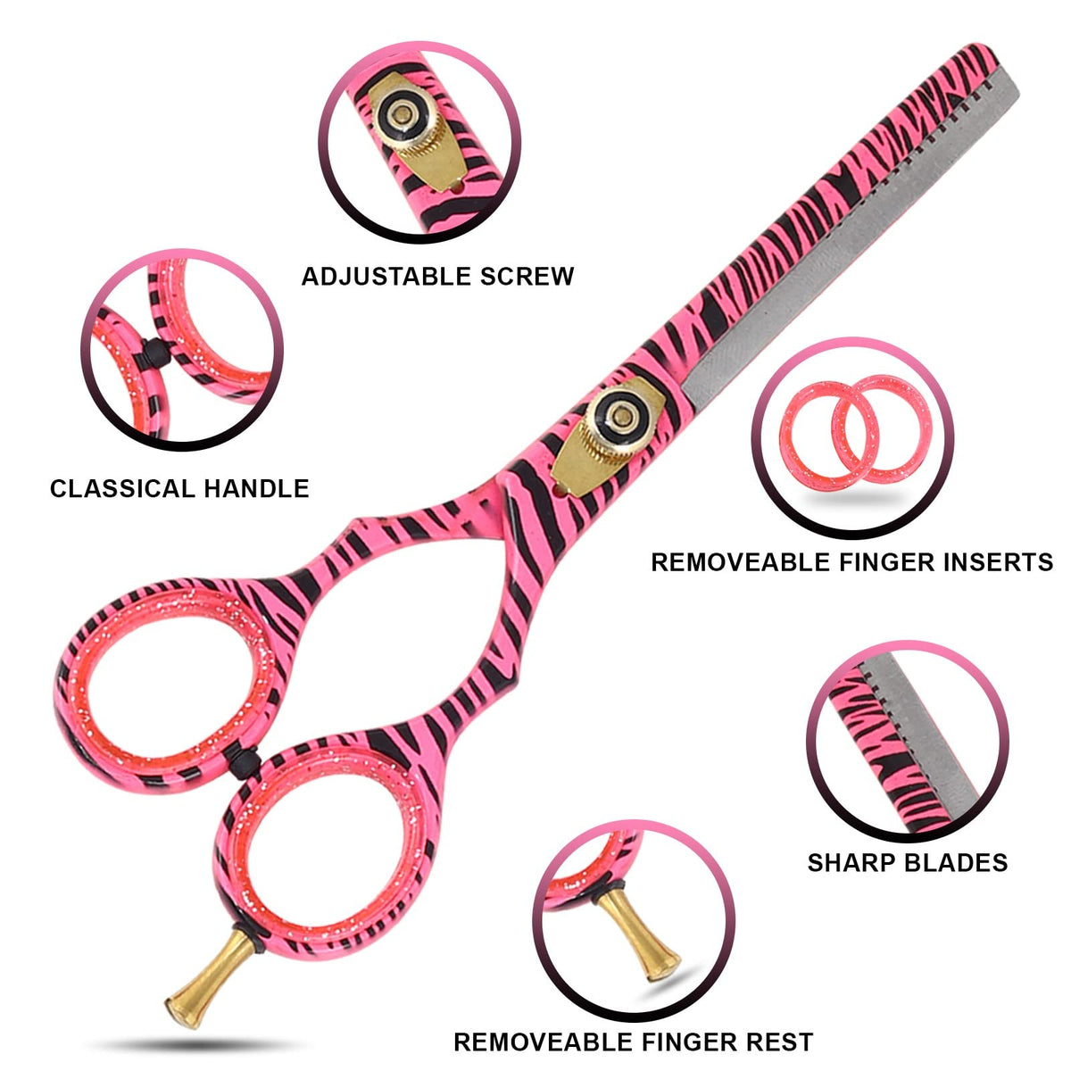 SS INSTRUMENTX Pink Zebra Professional Hairdressing Scissors & Thinning Shears Set – 6.0" Japanese Stainless Steel Barber Scissors for Salon and Home Hair Cutting