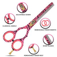 SS INSTRUMENTX Pink Zebra Professional Hairdressing Scissors & Thinning Shears Set – 6.0" Japanese Stainless Steel Barber Scissors for Salon and Home Hair Cutting