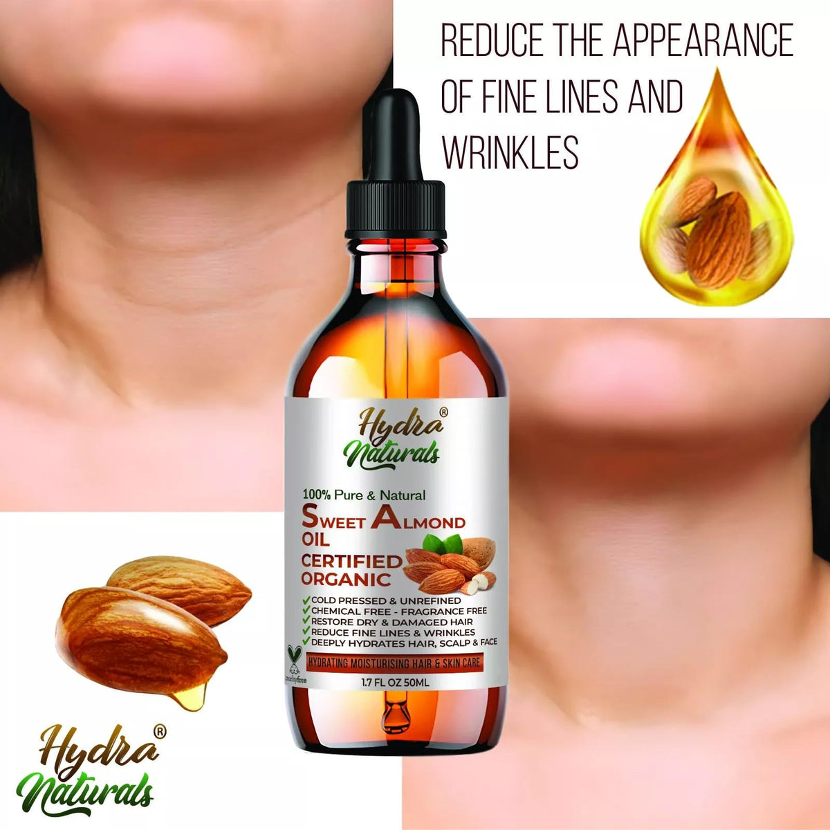 Hydra Naturals 100% Pure Sweet Almond Oil 120ml, Cold Pressed & Natural, for Hair, Skin, Face & Nails, Moisturising, Anti-Ageing, Fast Absorbing, Carrier Oil for Massage & Aromatherapy, UK Made