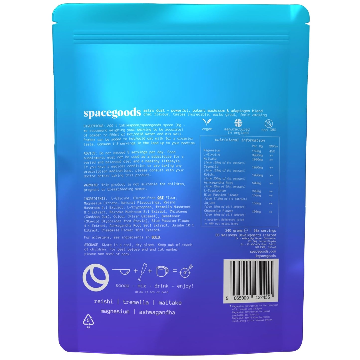 Space Goods Spacegoods Astro Dust 240g ℮, 30 Servings, Contains Magnesium and Ashwagandha, Relax Unwind & Sleep Deeply, Soothe Body & Mind, Chai Flavour