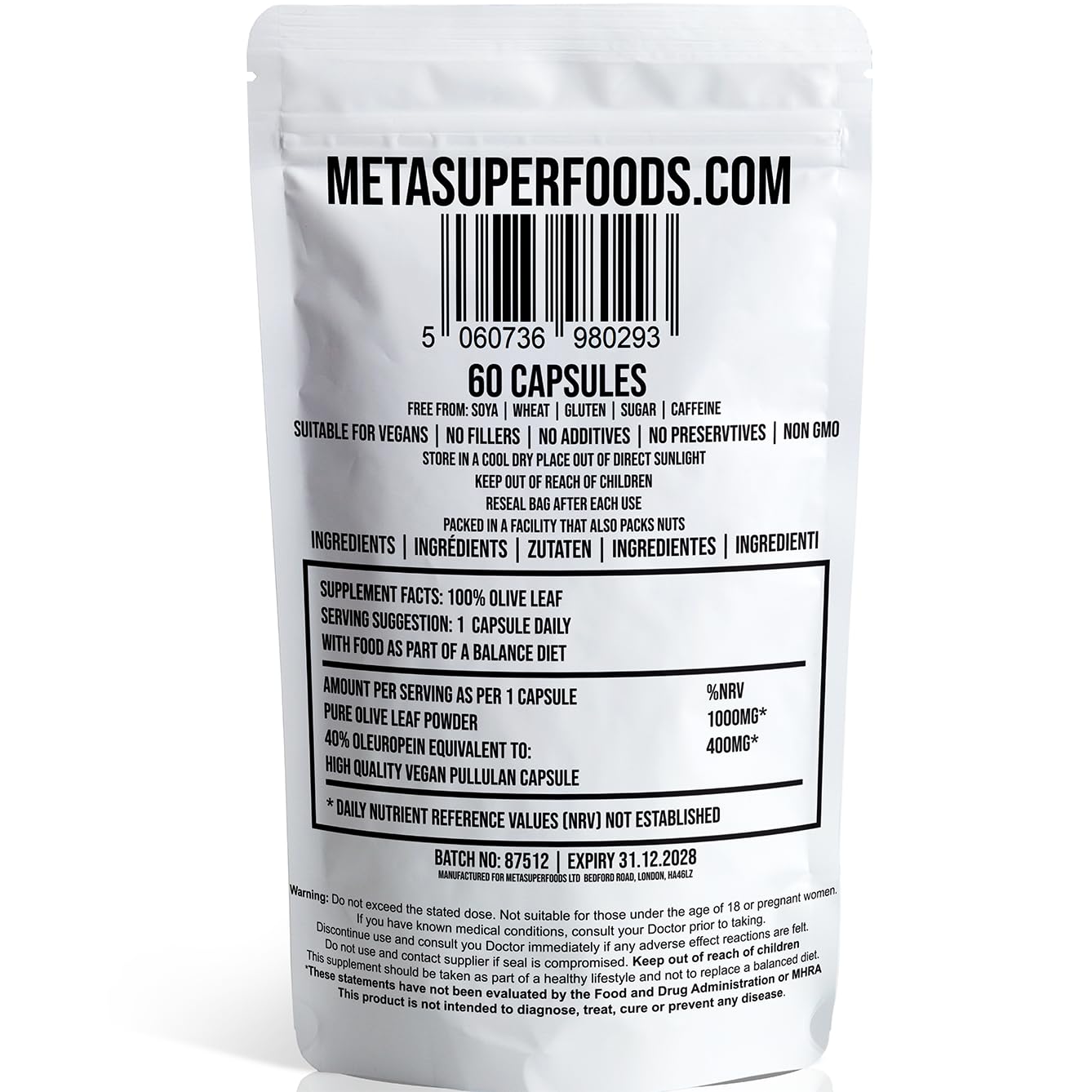 MetaSuperfoods Olive Leaf | 60 Capsules | Super Strength | OLEUROPEIN 40% | (1000mg per Capsule Equivalent to 10,000mg) | Vegan | NO FILLERS NO Binders | Non GMO | 100% Olive Leaf (60)