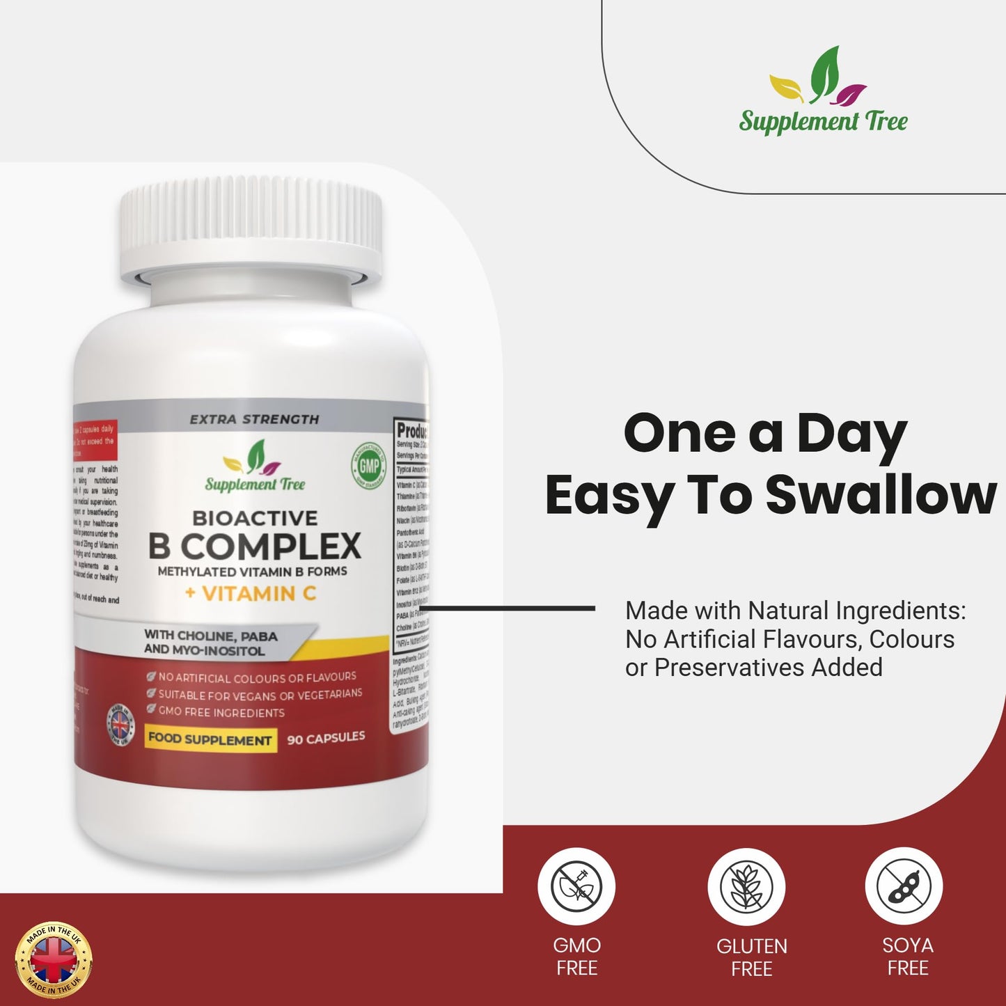 Supplement Tree Bioactive B Complex with Vitamin C – Methylated B12, Folate (5-MTHF), B6 P5P, PABA, Choline, Inositol – High Strength, 90 Vegan Capsules – Non-GMO