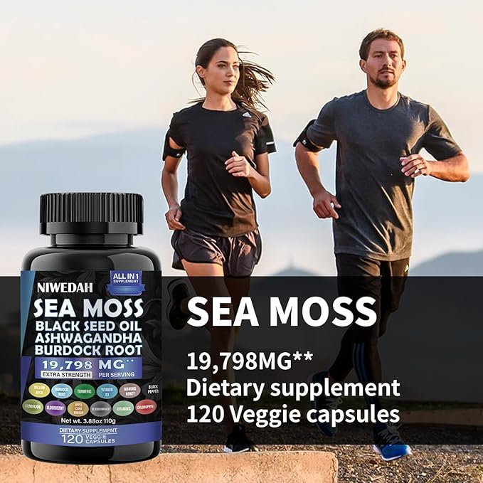 NIWEDAH Sea Moss 7000mg Ashwagandha 2000mg Black Seed Oil 4000mg Turmeric 2000mg Bladderwrack 2000mg Burdock 2000mg & Ginger Vitamin C Vitamin D3 with Elderberry Manuka Dandelion Yellow Dock (120 Capsules)