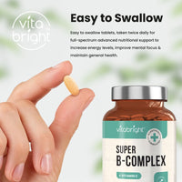 Vitamin B Complex Supplement - 11 B Vitamins (B1, B2, B3, B4, B5, B6, B7, B8, B9, B10, B12) - Plus VIT C - 120 Tablets - High Strength Advanced Formula for Easy Absorption - Made in UK by VitaBright