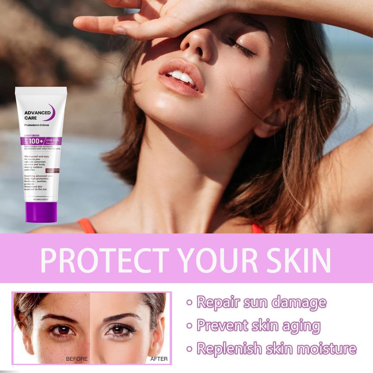 Spf 100+ Sunscreen, Sun Cream For Face & Body, High-Factor Sunblock Waterproof For Women & Girls, Non-Greasy & Lightweight Formula With Soothing Care, Repairs Sun Damage