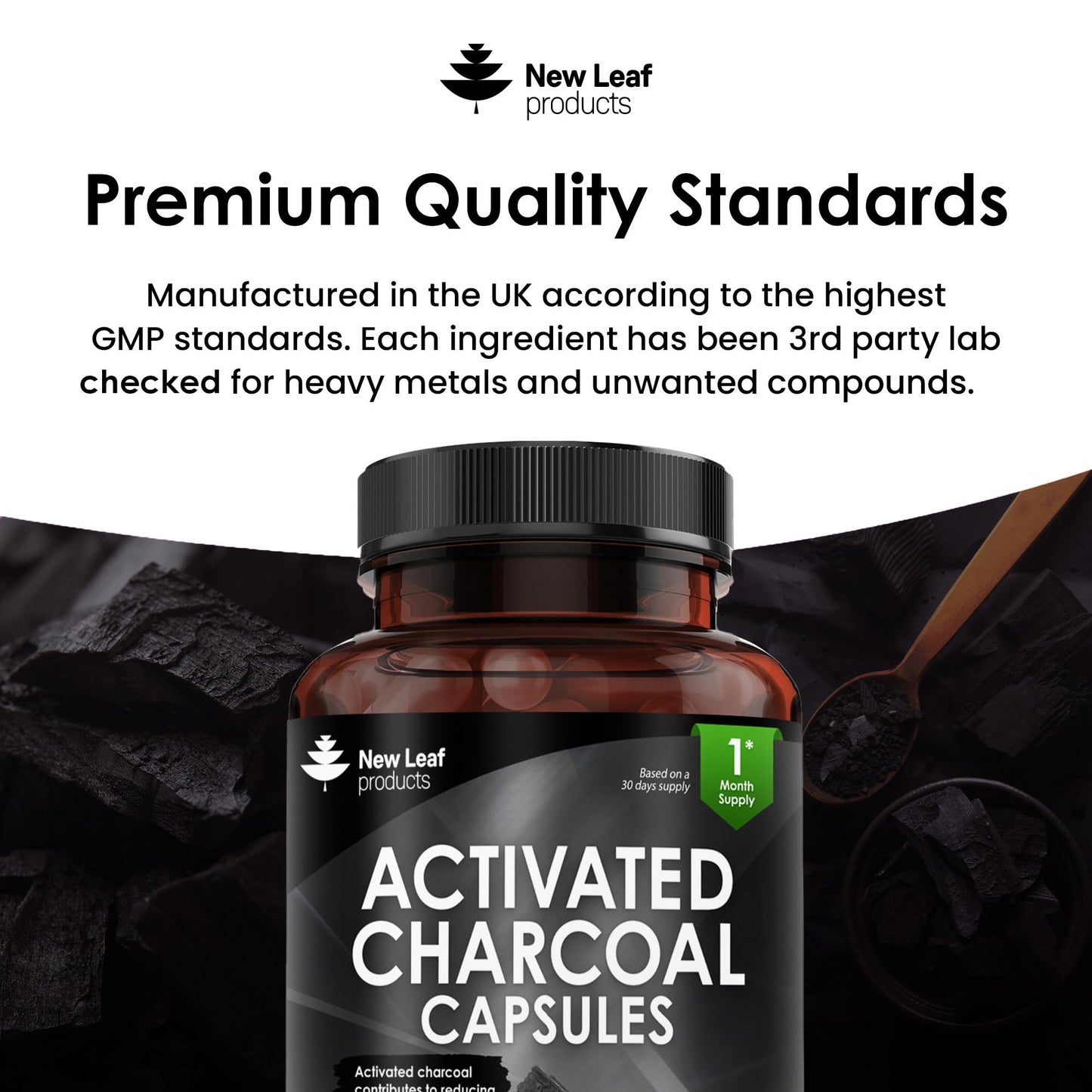 NEW LEAF PRODUCTS Activated Charcoal Capsules - 120 High Strength Activated Charcoal Tablets Alternative - 1040mg Per Serving, Helps Reduce Excessive Flatulence After Eating - Made in UK By New Leaf