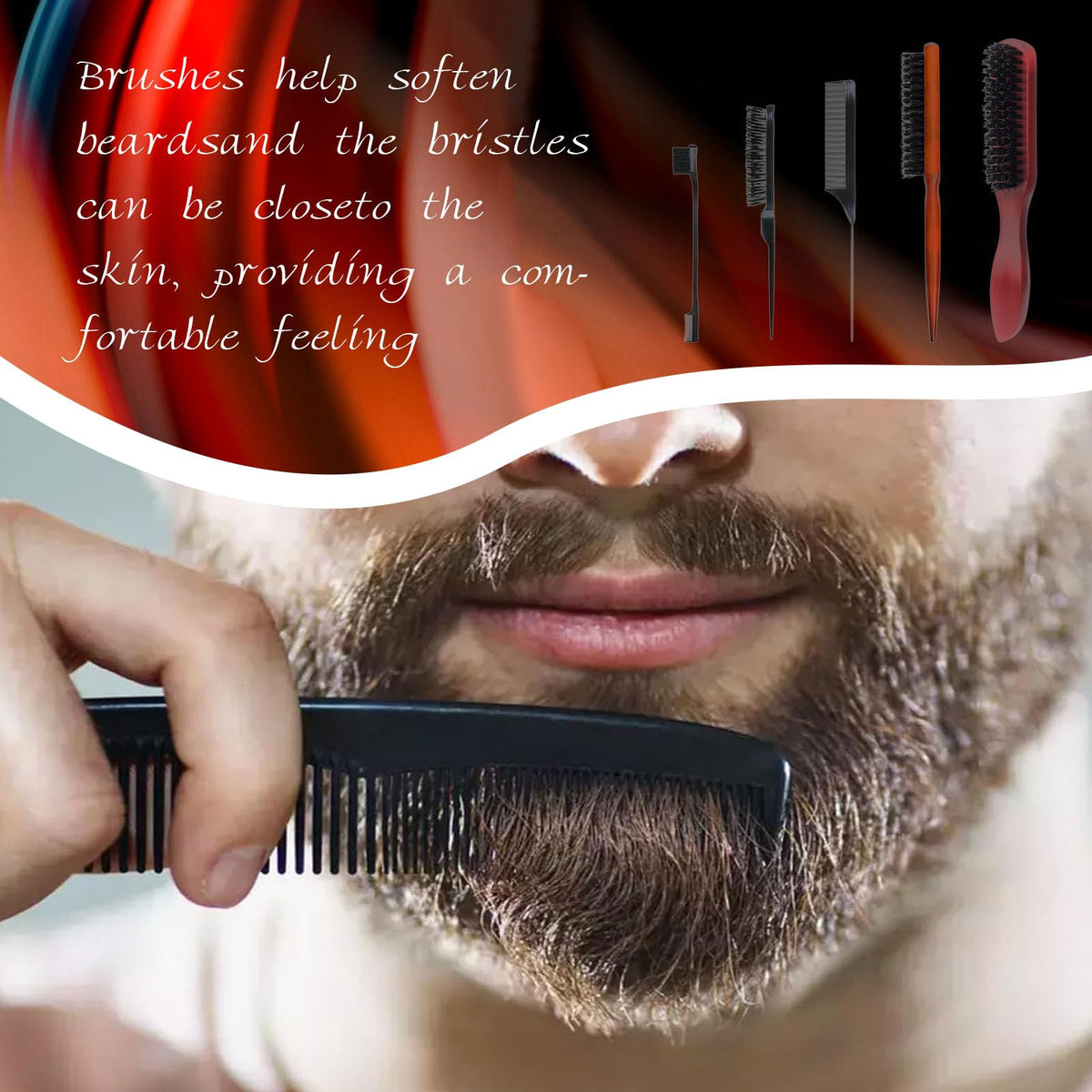 couduan 5 Pcs Slick Back Brush Set - Smoothing & Teasing Brush for Men's Hair & Beard - Rat Tail Comb with Double Sided Edge