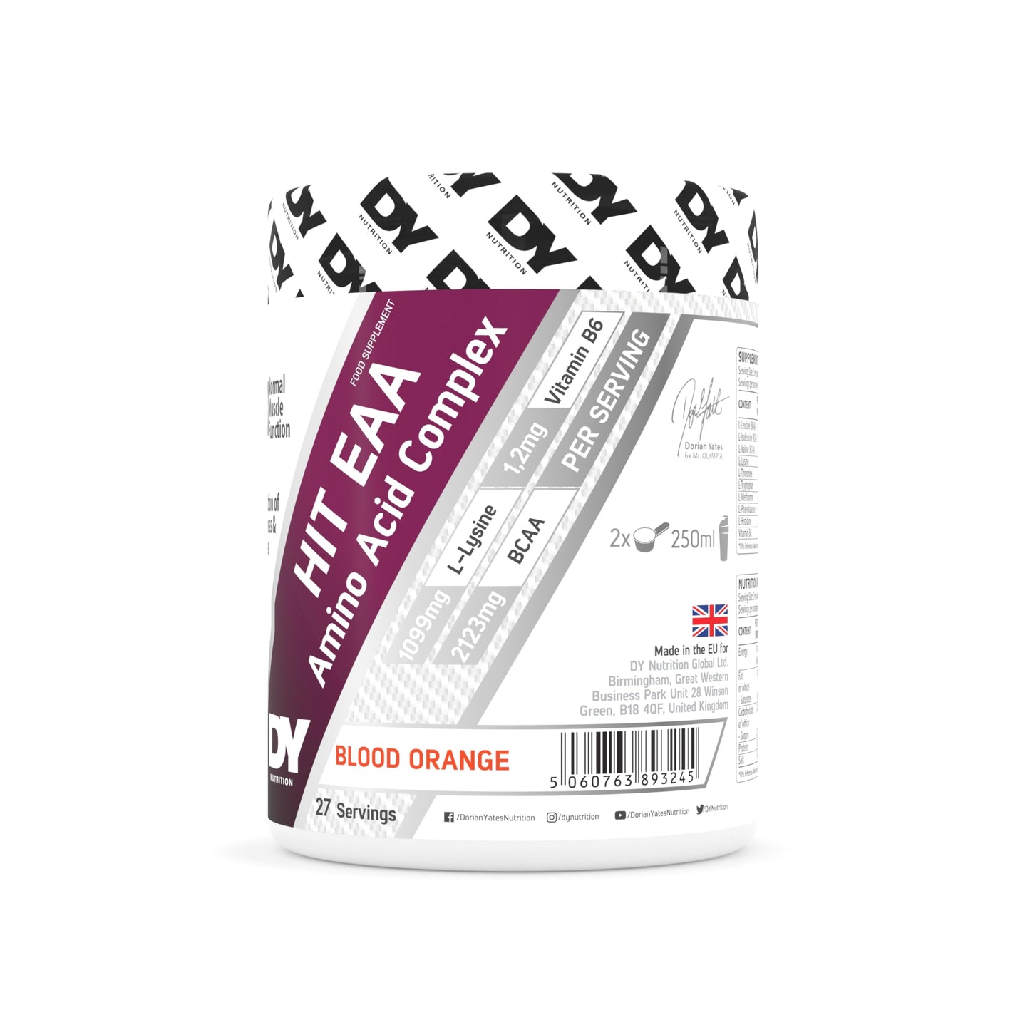 DY Nutrition HIT EAA - Essential Amino Amino Acids Complex 360g, (Blood Orange) with L-Lysine, Vitamin B6 & BCAAs