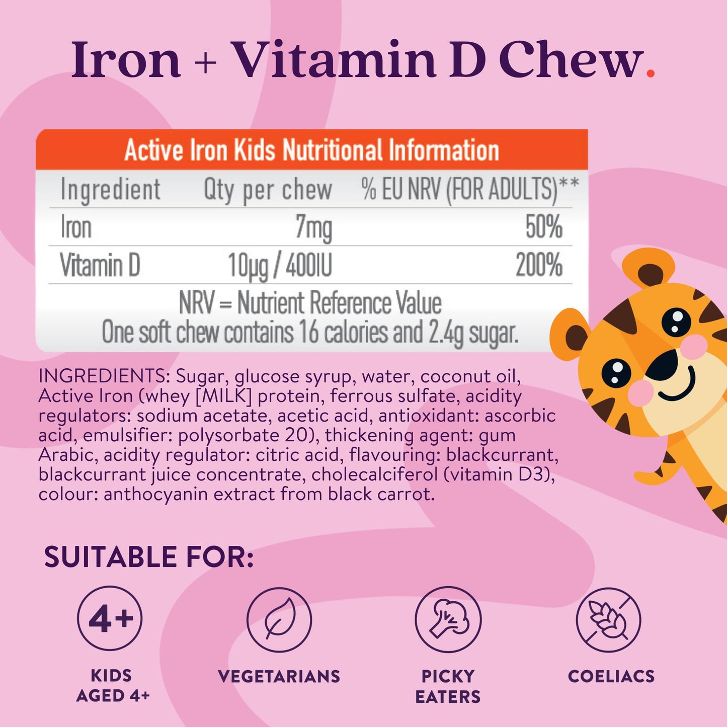 Solvotrin Active Iron Supplement 7 mg + Vitamin D for Kids – Increases Iron & Energy Levels – Gentle, Non-Constipating Blackcurrant Chews – Highly Absorbed – Supports Growth & Immune Health – 30 Chews