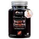 Super Vitamin B Complex - High Absorption Methylated B Vitamins with VIT C - 90 Timed Release Vegan Tablets - 3 Month Supply - B1, B2, B3, B5, B6, B8, B9 & B12 - Made in The UK - Nu U Nutrition