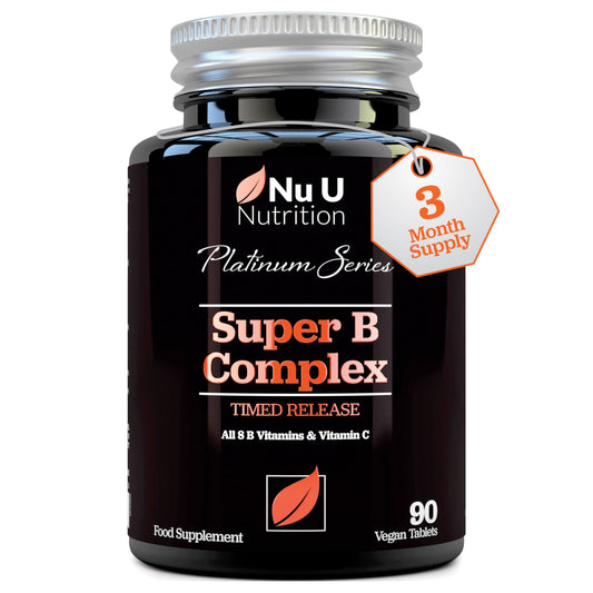 Super Vitamin B Complex - High Absorption Methylated B Vitamins with VIT C - 90 Timed Release Vegan Tablets - 3 Month Supply - B1, B2, B3, B5, B6, B8, B9 & B12 - Made in The UK - Nu U Nutrition