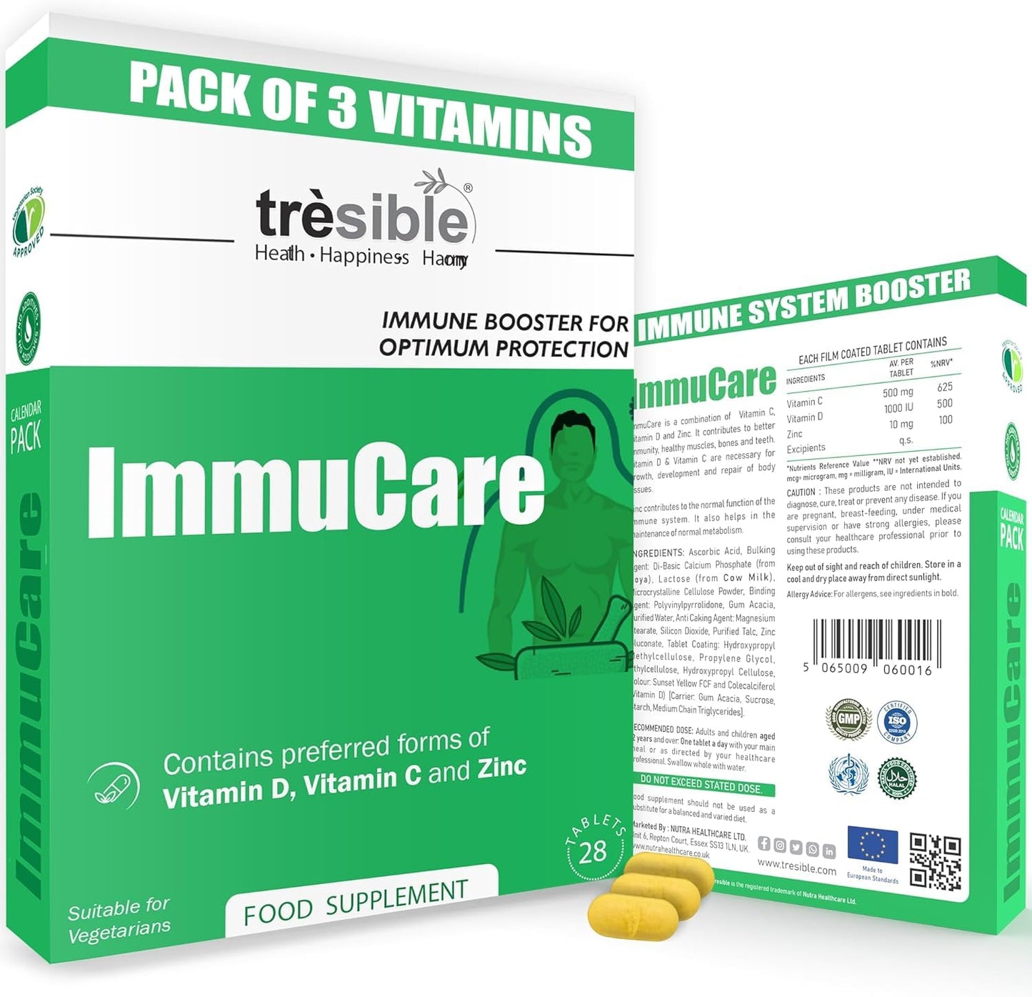 Tresible Vitamin C and Zinc Tablets for Immune Support (12 Weeks Supply) - Easy to Swallow Vitamin D, Zinc and Vitamin C Tablets to Improve Bones and Muscles Health - 84 Vegetarian Tablets for Adults