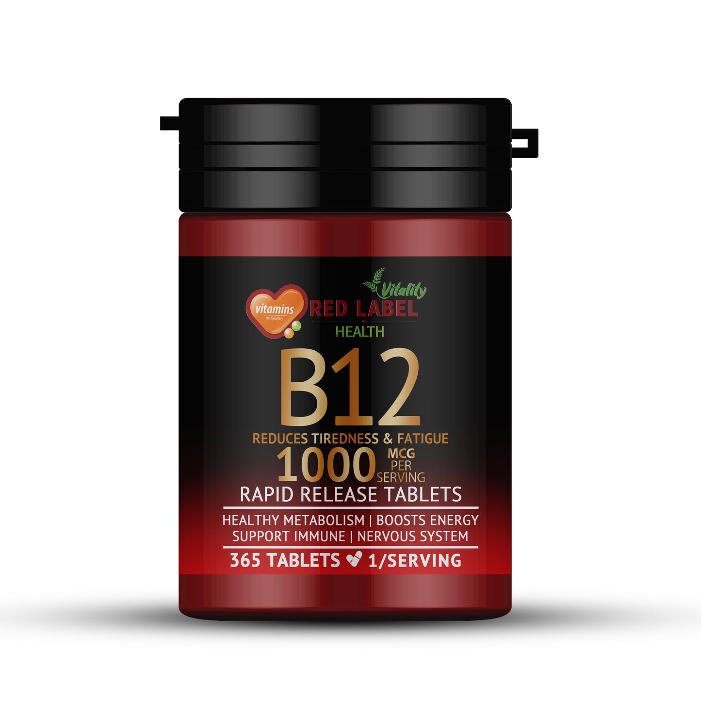 Red Label Health Vitamin B12 Tablets High Strength 1000mcg, 365 Tablets (1 Year Supply) Methylcobalamin B12 for Tiredness, Fatigue & Energy Vegan & Vegetarian-Friendly Made in The UK