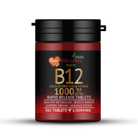 Red Label Health Vitamin B12 Tablets High Strength 1000mcg, 365 Tablets (1 Year Supply) Methylcobalamin B12 for Tiredness, Fatigue & Energy Vegan & Vegetarian-Friendly Made in The UK