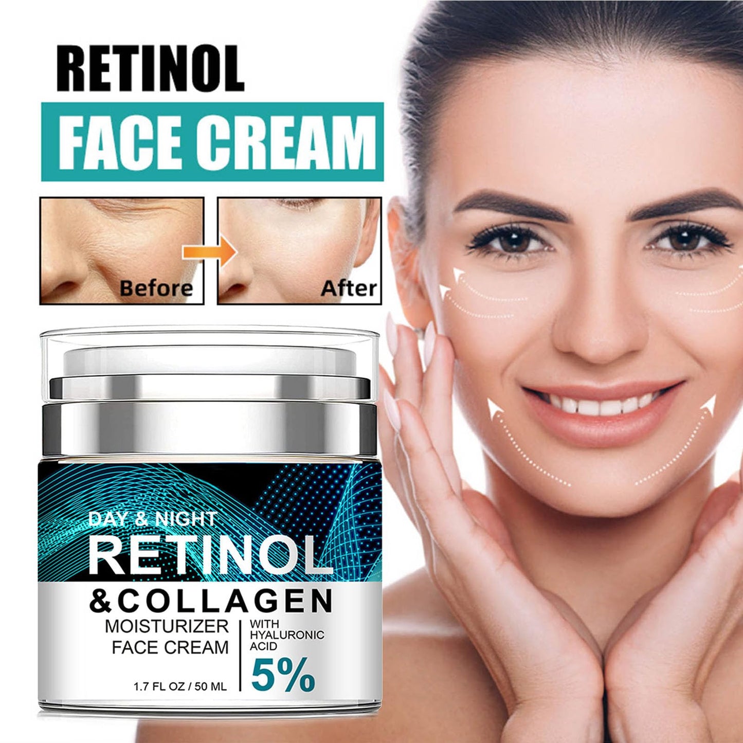 QEUTKEZS Advanced Retinol Collagen Cream for Face with 5% Hyaluronic Acid Anti-Aging Retinol Cream Anti-Wrinkle Reduce Fine Lines Lifting and Firming Cream 24-Hour Facial Care Suitable For Most Skin Types 50ml