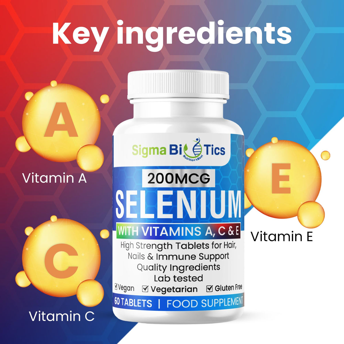 SigmaBiotics Selenium with Vitamins A, C & E - Promotes Healthy Hair, Skin & Nails - Supports the Immune System - Superior Absorption Formula - Vegan and Gluten Free - 60 Tablets for 2 Months Supply